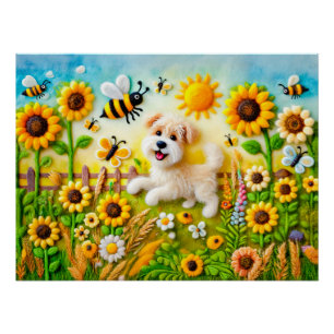Gefühlter Hund mit Bienen in einem Sonnenblumengar Poster