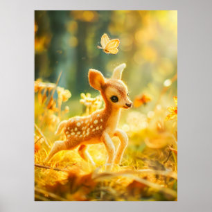 Gefühltes Rehkitz in sonniger Lichtung mit Schmett Poster