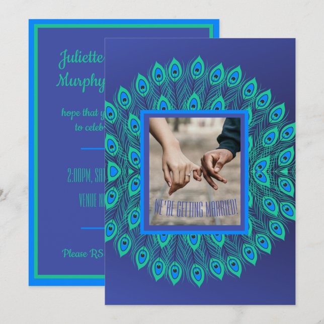 GEGENWÄRTIGE BLAUE & AQUA GREEN PEACOCK FEATHER EINLADUNG (Vorne/Hinten)