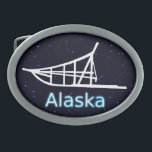 gegossen ovale gürtelschnalle<br><div class="desc">Eine weiße Silhouette eines Hundes auf einem Hintergrund mit Sternenfeld. Der Text "Alaska" erscheint in leuchtendem Blau und Weiß.</div>