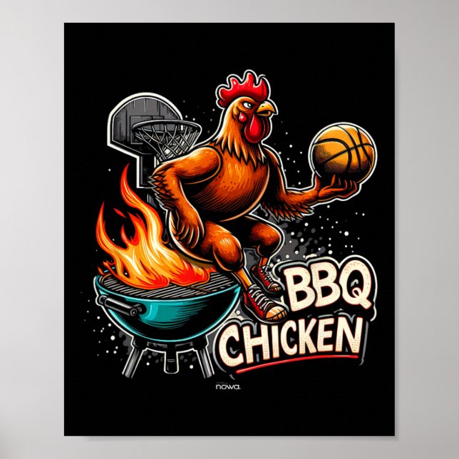 Gegrilltes BBQ-Hähnchen spielt flammendes Basketba Poster (Vorne)