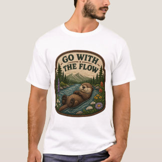 Geh mit dem Fluss Otter Stickerei-Patch T-Shirt