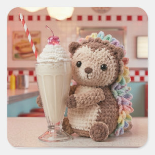 Gehäkelter Igel und Milchshake im Retro-Diner Quadratischer Aufkleber