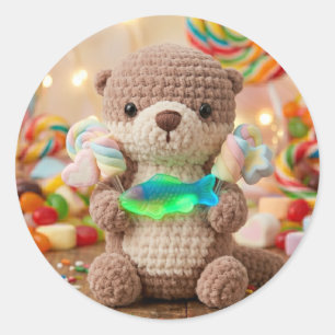 Gehäkelter Otter und Gummifisch-Themen- Candy Land Runder Aufkleber