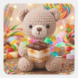 Gehäkelter Teddybär mit S'more Candy Land Quadratischer Aufkleber