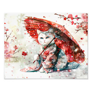 Geheimnisvolle Geisha-Katze mit rotem Sonnenschirm Fotodruck