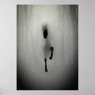 Geheimnisvolles schwarzes Pferd läuft im nebligen  Poster