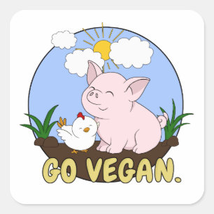 Gehen - niedliches Schwein und Huhn vegan Quadratischer Aufkleber