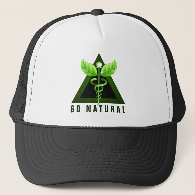 Gehen Sie natürliche Therapie Green Caduceus Symbo Truckerkappe (Vorderseite)