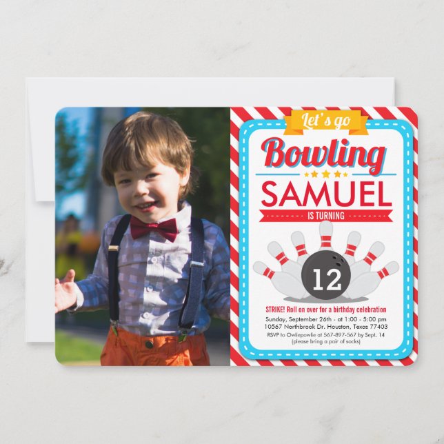 Gehen wir Bowling Birthday Party Foto Einladung (Vorderseite)