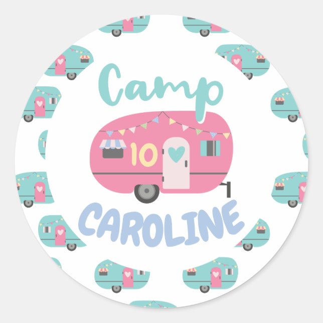 Gehen wir Glamping Girly Camp Name Birthday Party Runder Aufkleber (Vorderseite)