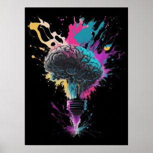 Gehirndesign mit farbenfroher Bulb-Explosion Poster