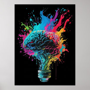 Gehirndesign mit farbenfroher Bulb-Explosion Poster