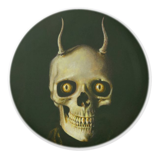 Gehörnter Teufel-Schädel-Halloween-Griff Keramikknauf (Vorderseite)