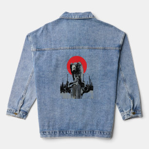 Geier auf altem Auto mit roter Sonne Jeansjacke
