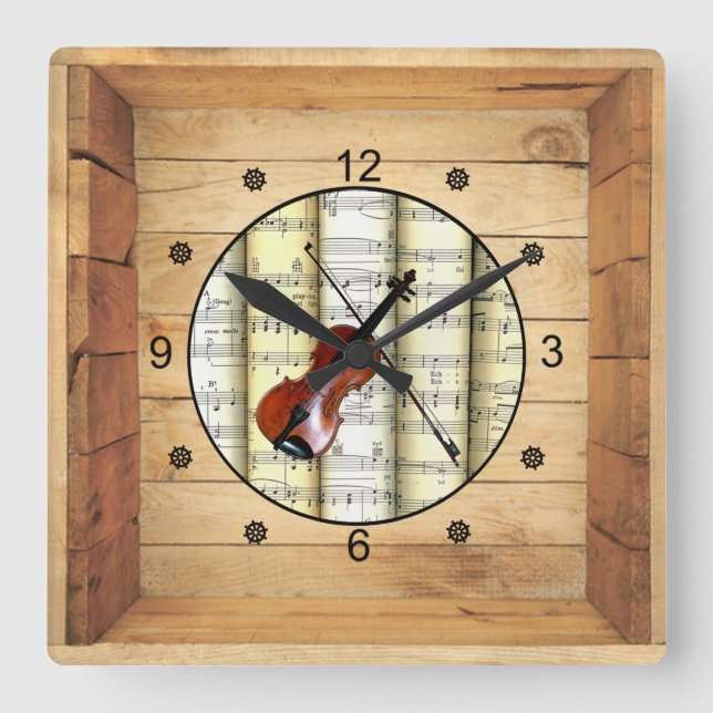 Geige ~ 3 Dimensionen ~ Folk Art Box ~ Quadratische Wanduhr (Vorderseite)