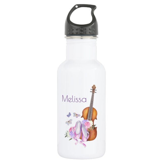 Geige, Ballettschuhe, Blume und Schmetterlinge Edelstahlflasche (Vorderseite)