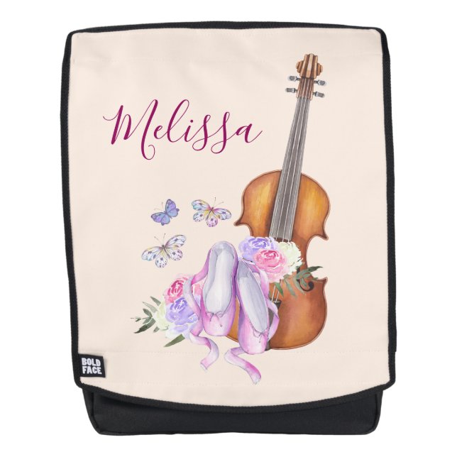 Geige, Ballettschuhe, Blume und Schmetterlinge Rucksack (Vorderseite)