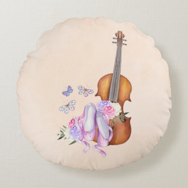 Geige, Ballettschuhe, Blume und Schmetterlinge Rundes Kissen (Vorderseite)