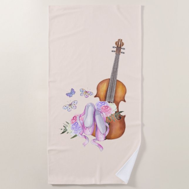 Geige, Ballettschuhe, Blume und Schmetterlinge Strandtuch (Vorderseite)