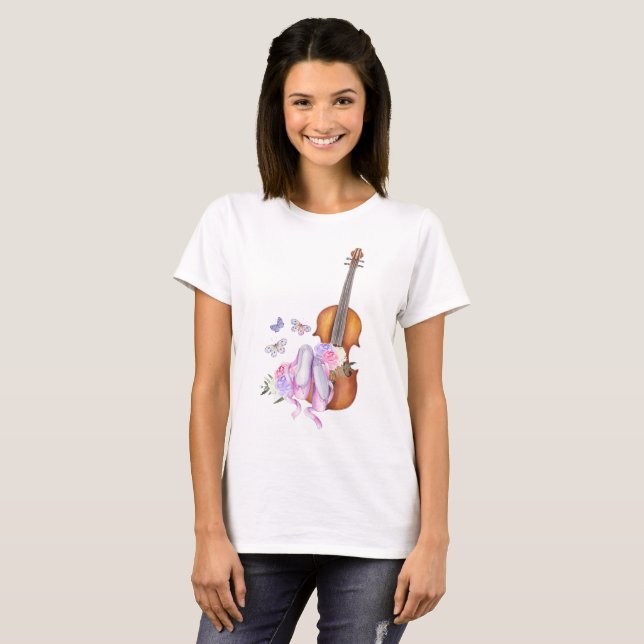 Geige, Ballettschuhe, Blume und Schmetterlinge T-Shirt (Vorne ganz)