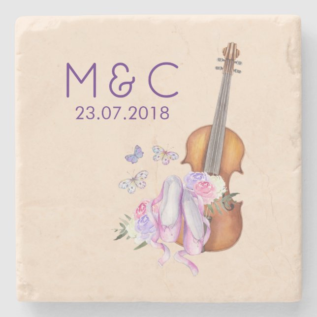 Geige, Ballettschuhe und Schmetterlinge Hochzeit Steinuntersetzer (Vorderseite)