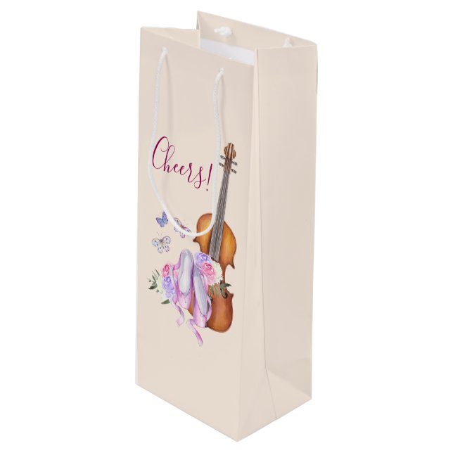 Geige, Ballettschuhe und Schmetterlinge jubeln! Geschenktüte Für Weinflaschen (Vorderseite Schrägansicht)