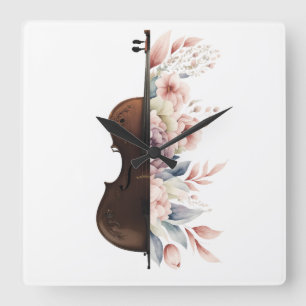 Geige mit Blume. Quadratische Wanduhr
