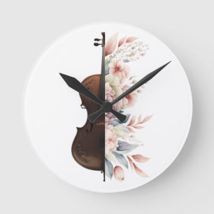 Geige mit Blume. Runde Wanduhr