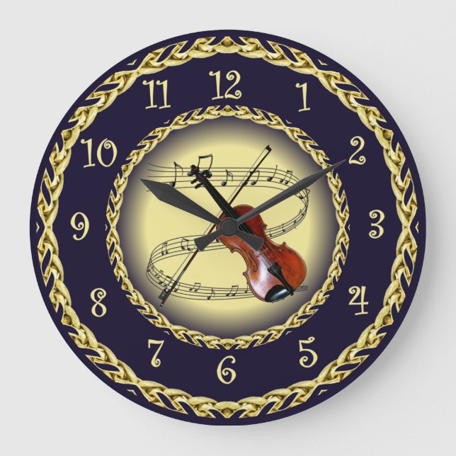 Geige ~ Musikalische Scroll ~ Gold/Navy Blue ~ ~ ~ Große Wanduhr (Vorderseite)