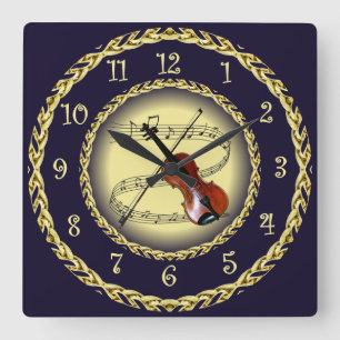 Geige ~ Musikalische Scroll ~ Gold/Navy Blue ~ ~ ~ Quadratische Wanduhr