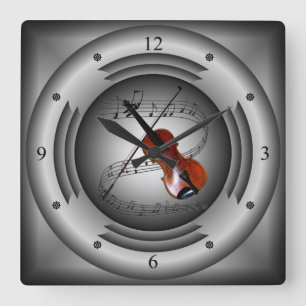 Geige ~ Musikalische Scroll ~ Silberner Lautsprech Quadratische Wanduhr
