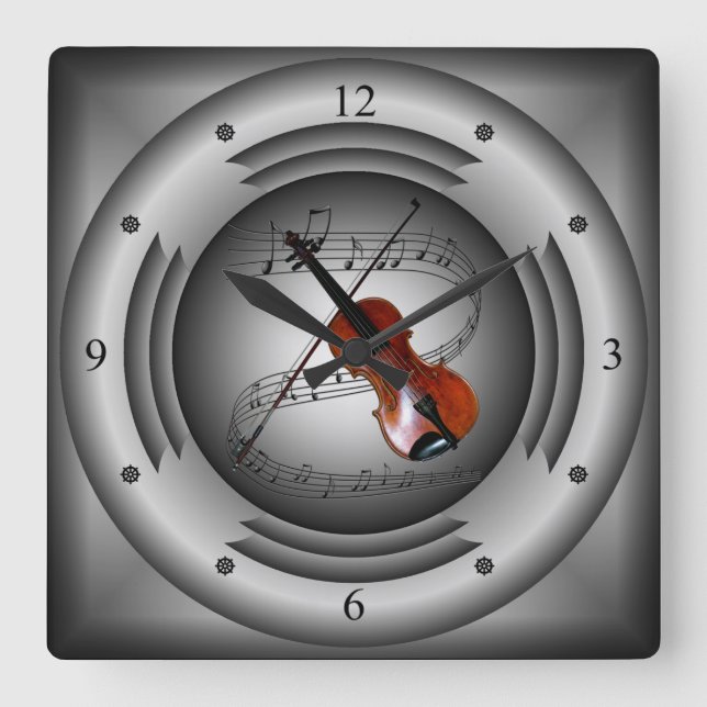 Geige ~ Musikalische Scroll ~ Silberner Lautsprech Quadratische Wanduhr (Vorderseite)