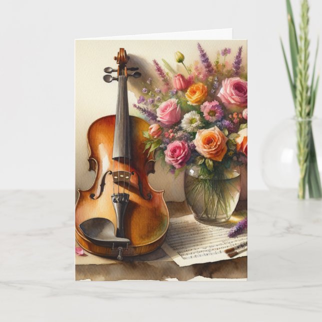 Geige, Noten und eine Vase der Blume Karte (Vorderseite)
