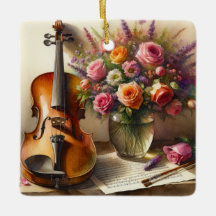 Geige, Noten und eine Vase der Blume