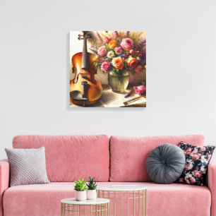 Geige, Noten und eine Vase der Blume Leinwanddruck