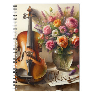 Geige, Noten und eine Vase der Blume Notizblock