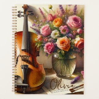 Geige, Noten und eine Vase der Blume Planer