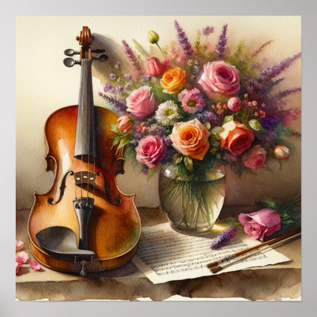 Geige, Noten und eine Vase der Blume Poster (Vorne)