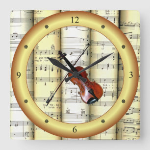 Geige ~ Rollenblatt Musik ~ Goldring ~ * ~ Quadratische Wanduhr