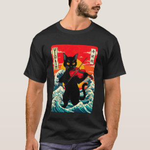 Geige spielende Katze japanischer Retro-Ozeanwelle T-Shirt