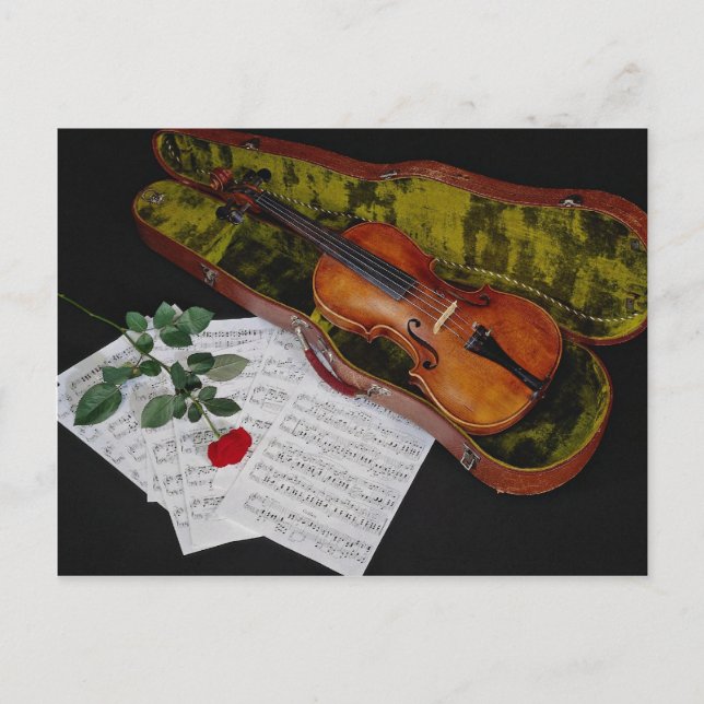 Geige und rote Rose auf schwarzem Hintergrund Postkarte (Vorderseite)