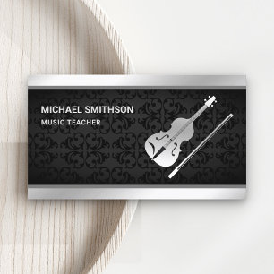 Geigerin Schwarzer Damast Silber Violin Musiklehre Visitenkarte