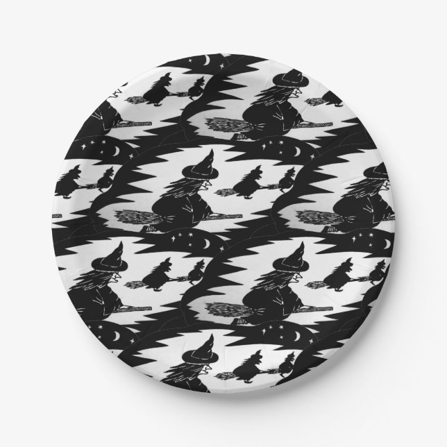 geile, fliegende Hexen auf Broomsticks halloween Pappteller (Vorderseite)