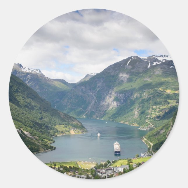 Geirangerfjord vue en Norvège autocollant rond (Devant)