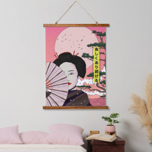 Geisha Be Beautiful japanischen Manga Stil Japanis Wandteppich Mit Holzrahmen