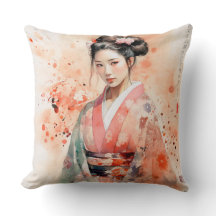 Geisha birds kawaii japanese Throw Pillows