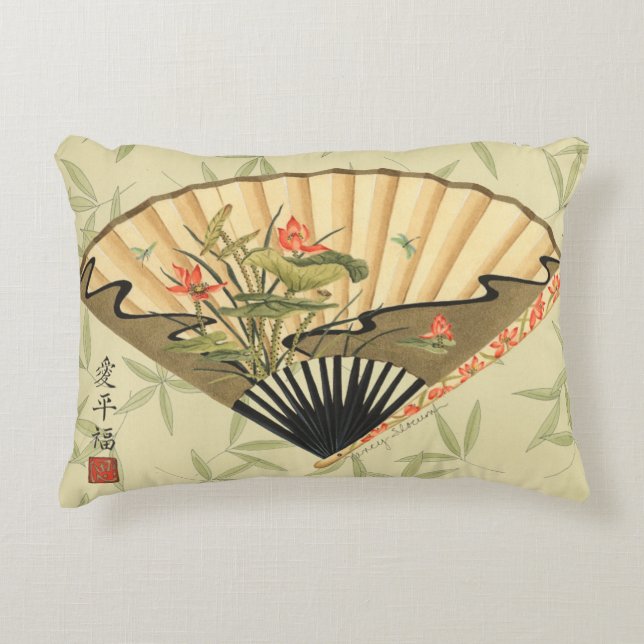 Geisha Fan mit Blätter und Blumendruck Dekokissen (Vorderseite)
