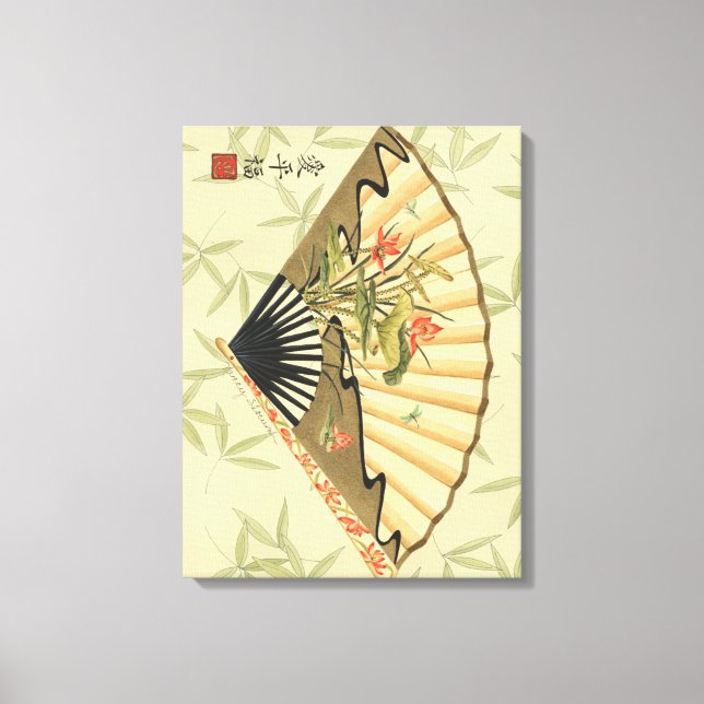 Geisha Fan mit Blätter und Blumendruck Leinwanddruck (Vorderseite)