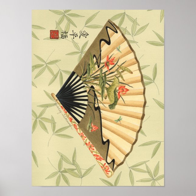 Geisha Fan mit Blätter und Blumendruck Poster (Vorne)